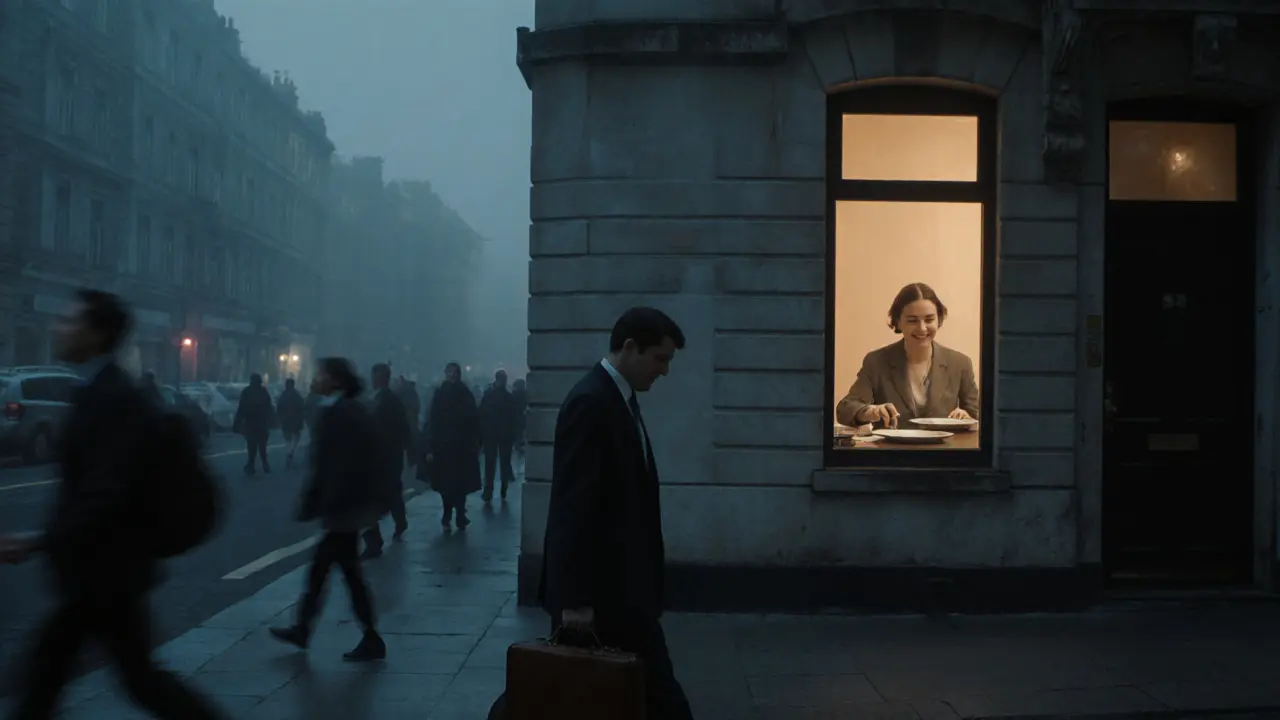 A lonely man walks past blurred city crowds while warmth glows from a distant apartment window.