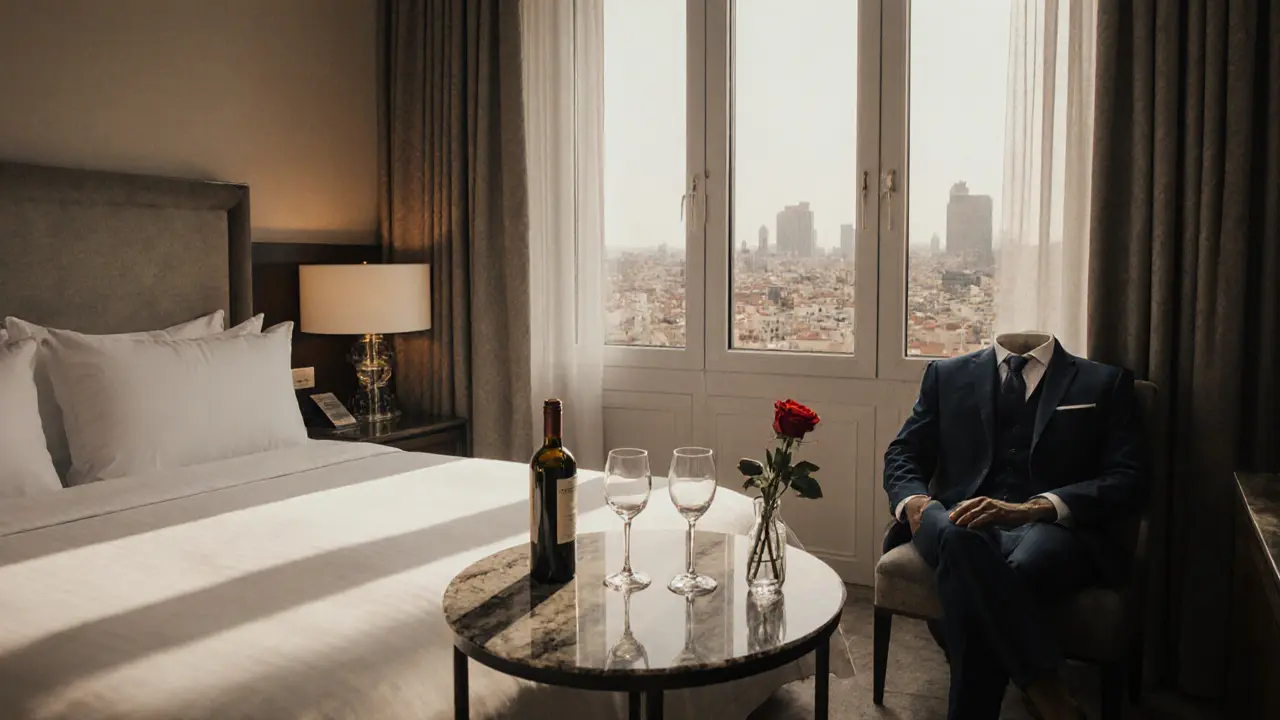 A luxurious hotel suite in Milan with wine glasses, a rose, and a suit on a chair, hinting at a private, refined meeting.