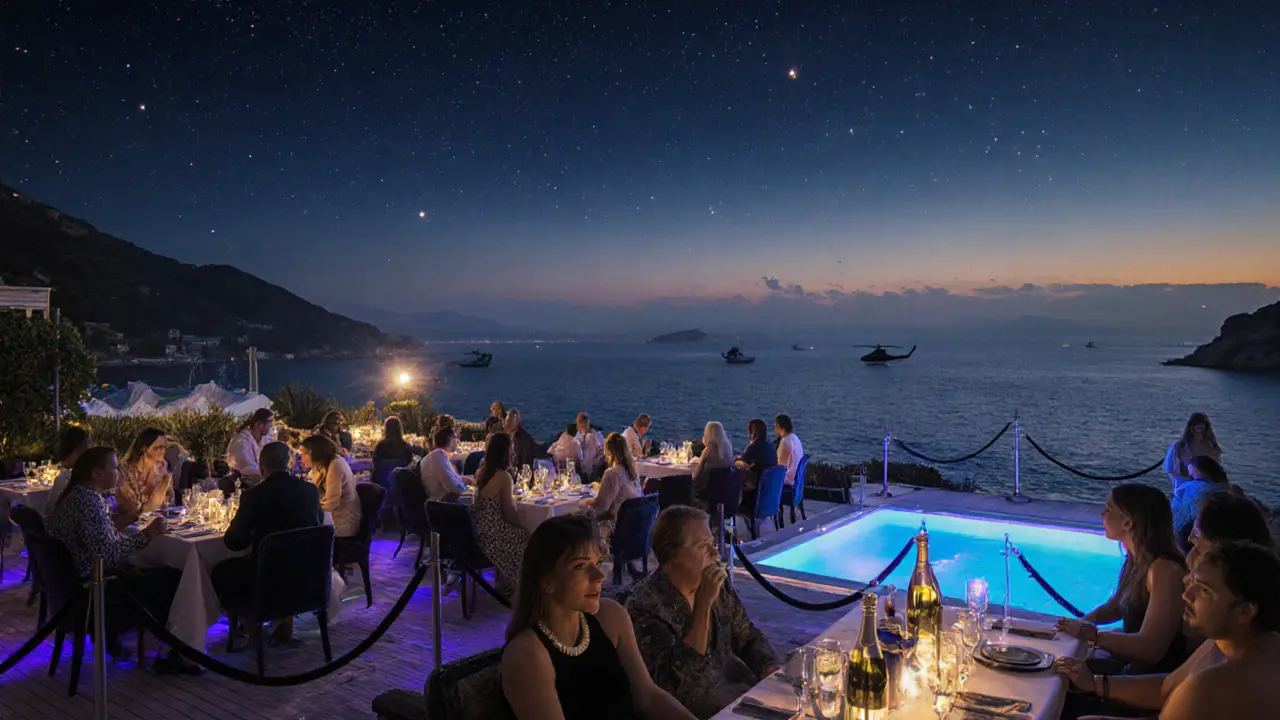 A luxury beach club at midnight with VIP guests, champagne magnums, and private helicopters above the Mediterranean coast.