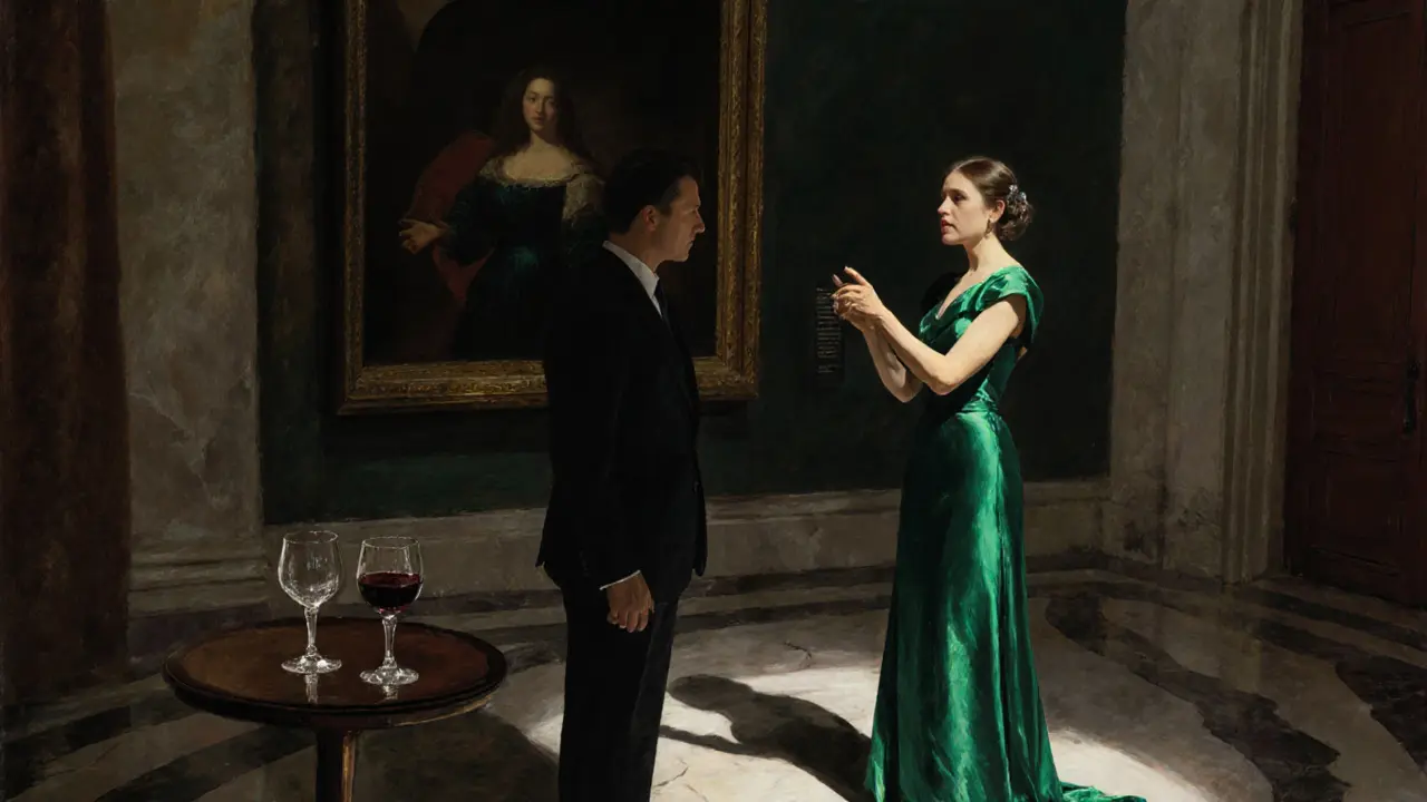 A man and woman examine a Renaissance painting in a private gallery, softly lit.