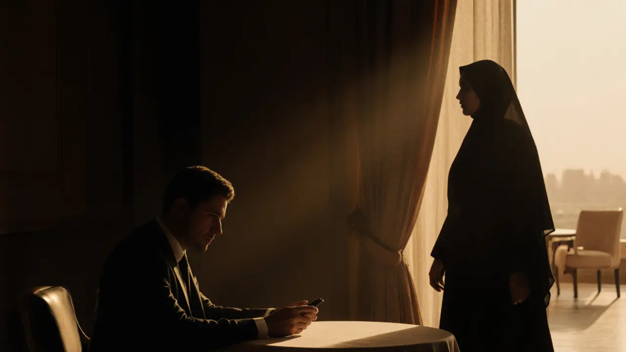 A man and woman exchange a silent glance in a luxury hotel lounge, no words needed.