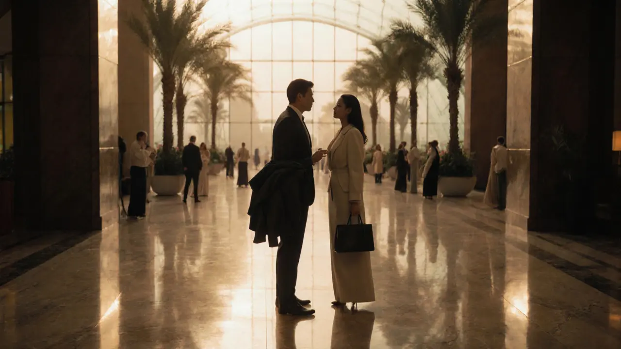 A man and woman meet politely in a luxury hotel lobby, maintaining distance under golden evening light.