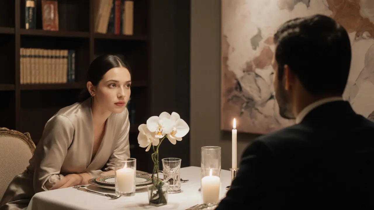 A man and woman sharing a quiet dinner in an elegant private room, lit only by candlelight and focused on conversation.