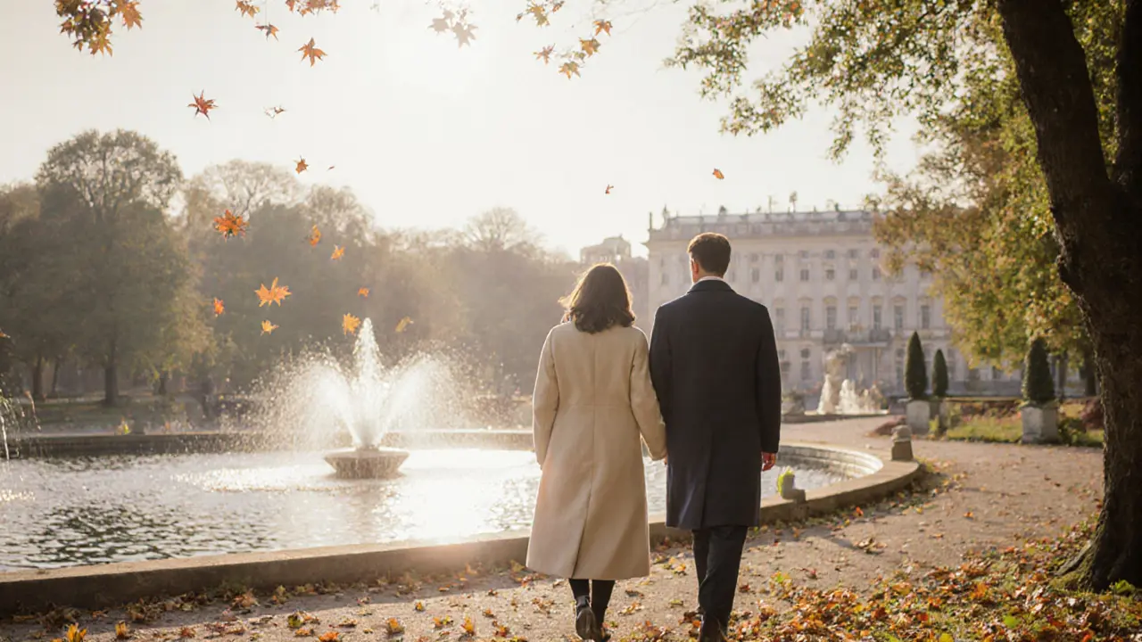 A man and woman walk peacefully through Sanssouci Palace gardens at dawn, sharing quiet companionship.