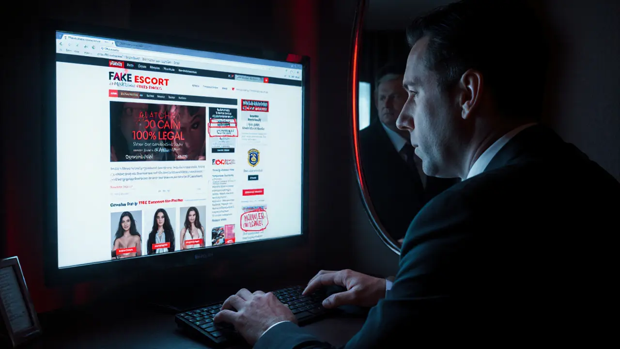 A man stares at fake escort websites on a hotel room screen, with a police badge visible in the mirror behind him.