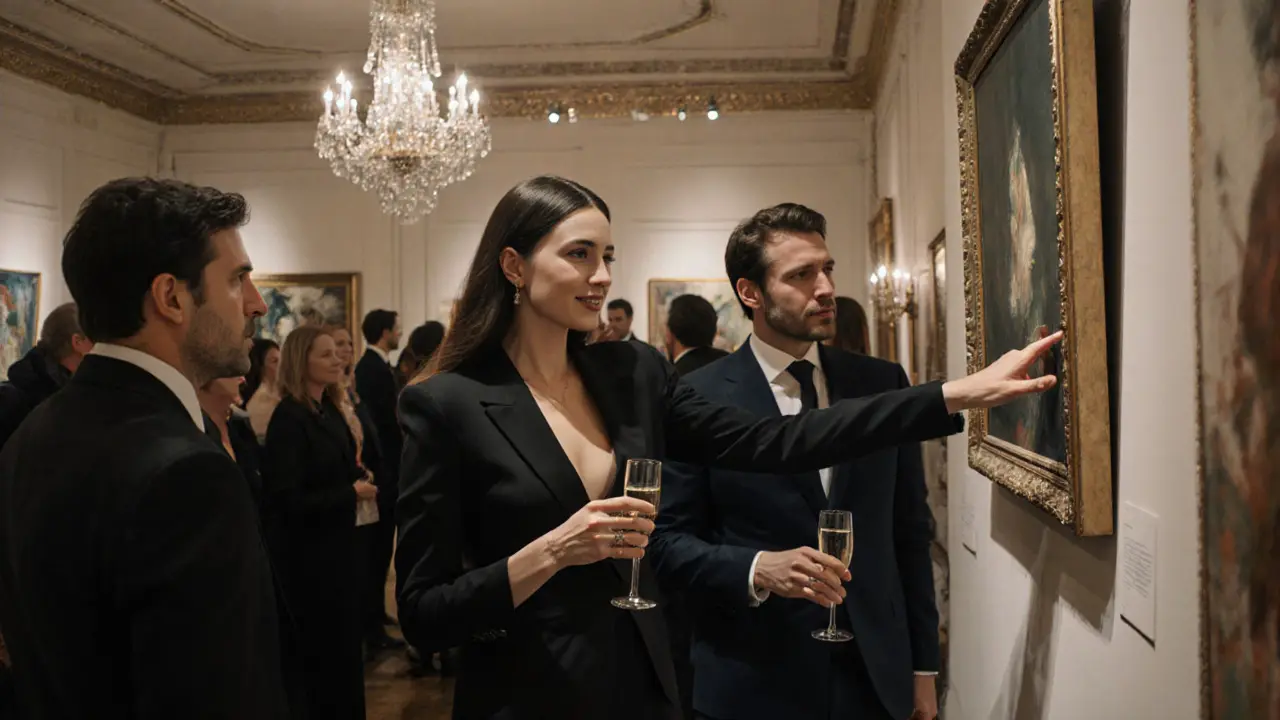 A poised woman points to a painting at a private art gallery opening, guests mingling softly in the background.