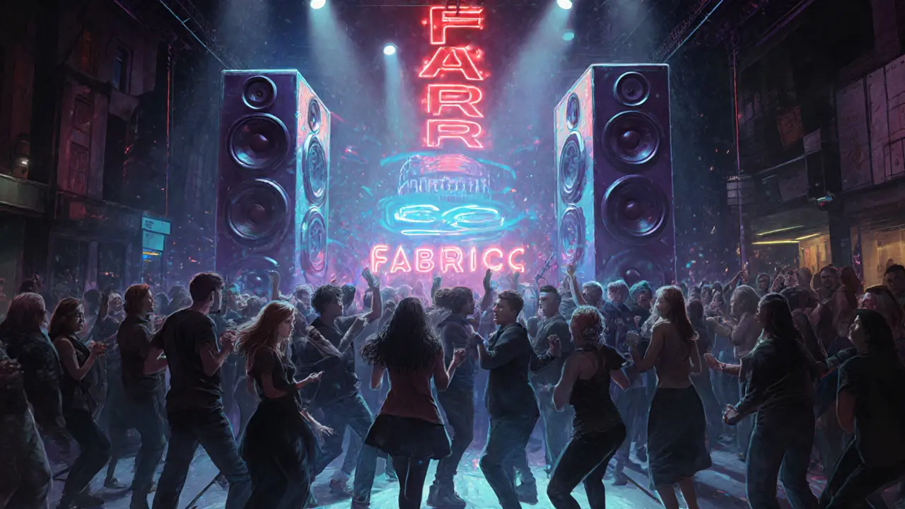 A pulsing nightclub interior with dancers and bass vibrations glowing in the dark.