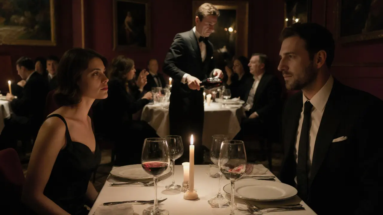 A quiet candlelit dinner in a luxury Paris restaurant, with refined attendees in the background.