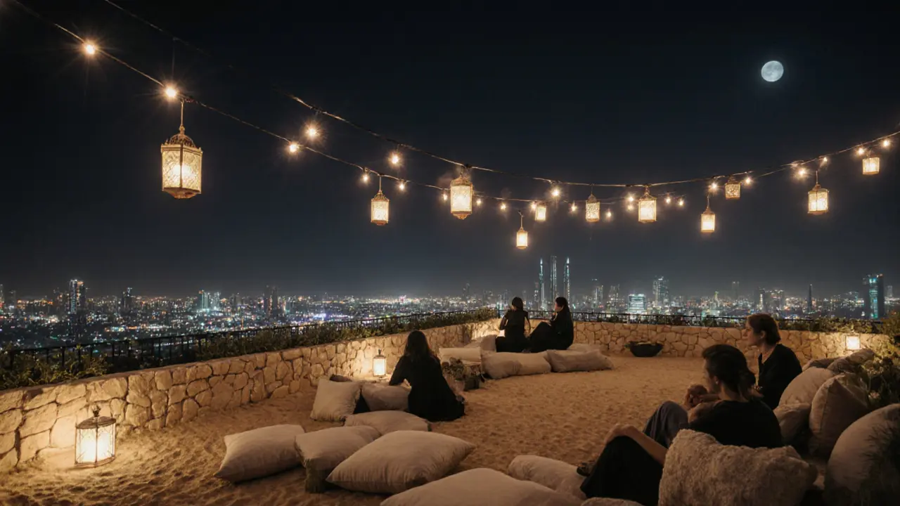 A quiet rooftop garden at night with lanterns and guests listening to ambient house music overlooking Dubai&#039;s skyline.