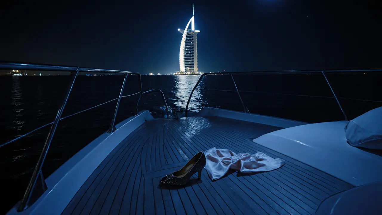 A solitary high-heeled shoe and silk scarf on a moonlit yacht deck in Dubai.
