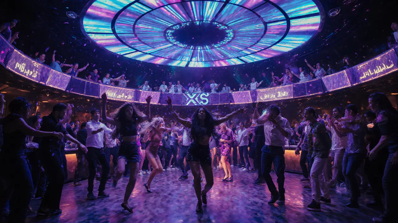 A vibrant nightclub with neon lights and dancers under a glowing 360-degree LED ceiling.