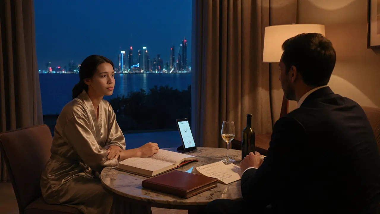 A woman and man chat quietly in a villa lounge at night, wine and books on the table, city lights visible through the window.