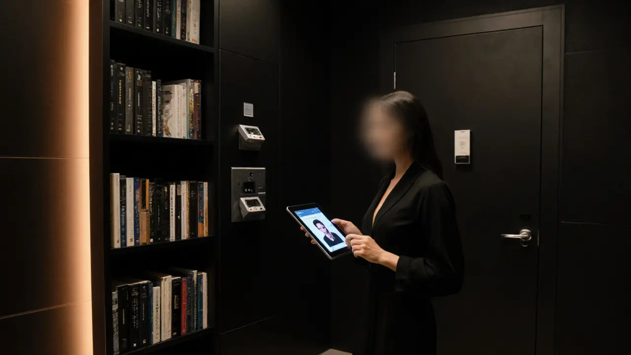 A woman in a black dress beside a bookshelf in a private room with encrypted devices.