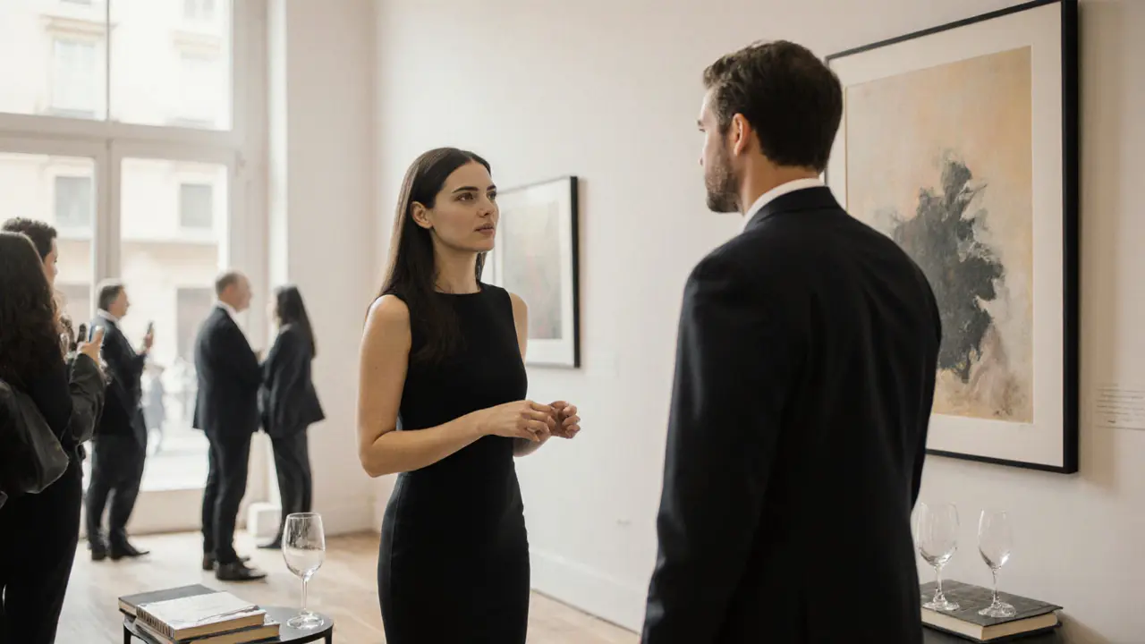 A woman in black dresses converses with a man at a Milan art gallery, surrounded by subtle elegance and soft daylight.
