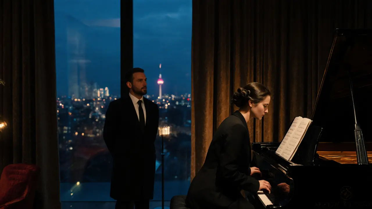A woman stands near a piano in an exclusive Berlin club, softly lit, with city lights visible through a glass door.