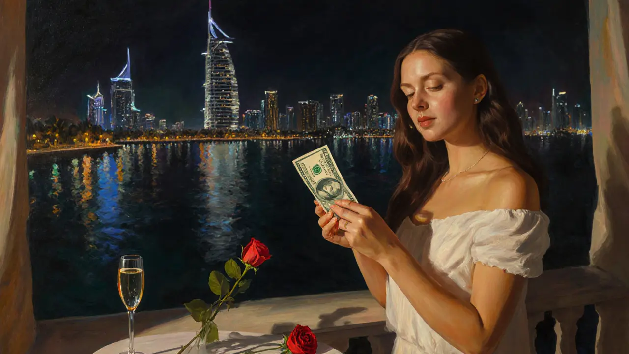 A woman stands on a balcony at night in Dubai, holding a crisp bill as the city lights shimmer behind her.