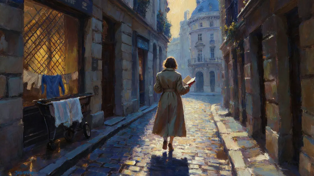 A woman walking through Montmartre at dusk, her shadow blending with memories of her past.