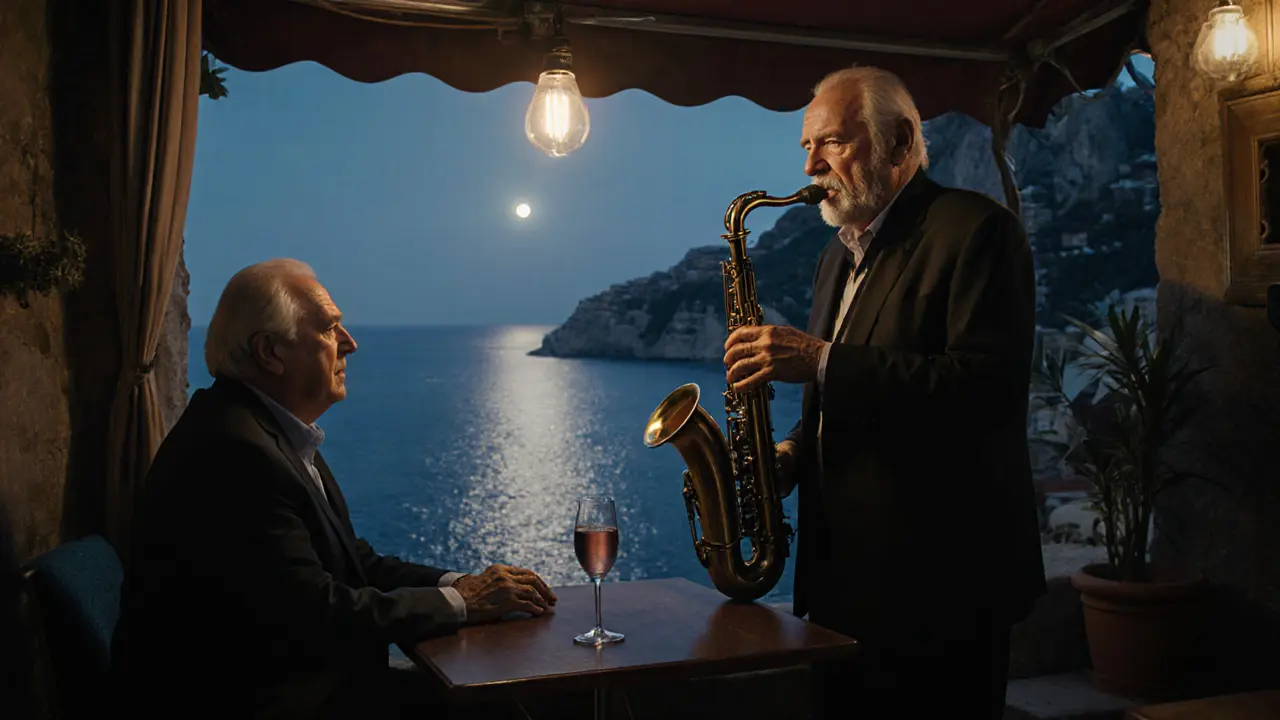 An elderly jazz musician playing saxophone in a cliffside bar as moonlight reflects off the sea below.