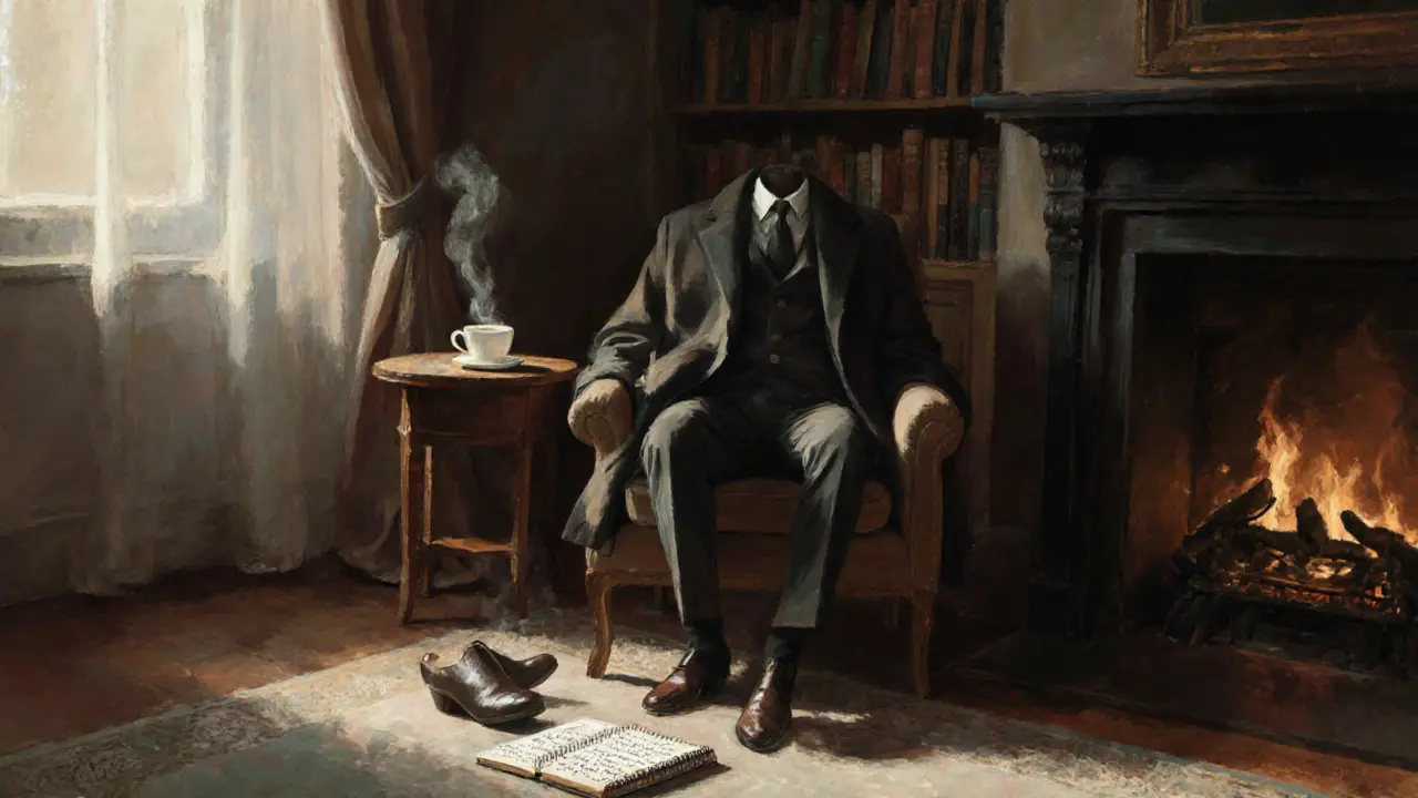An empty study with a man’s coat and a single high heel, suggesting a quiet, meaningful visit.