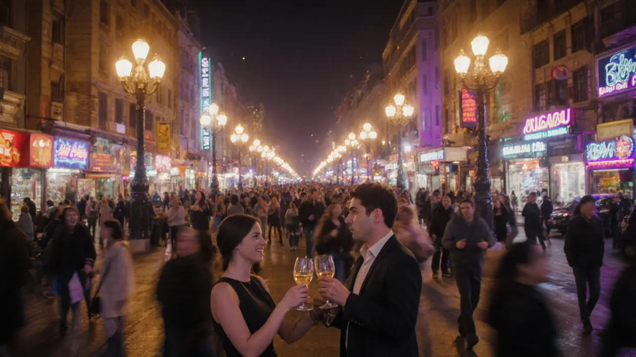 Busy İstiklal Avenue at midnight with lively crowds, neon signs, and live music in the historic arcade.
