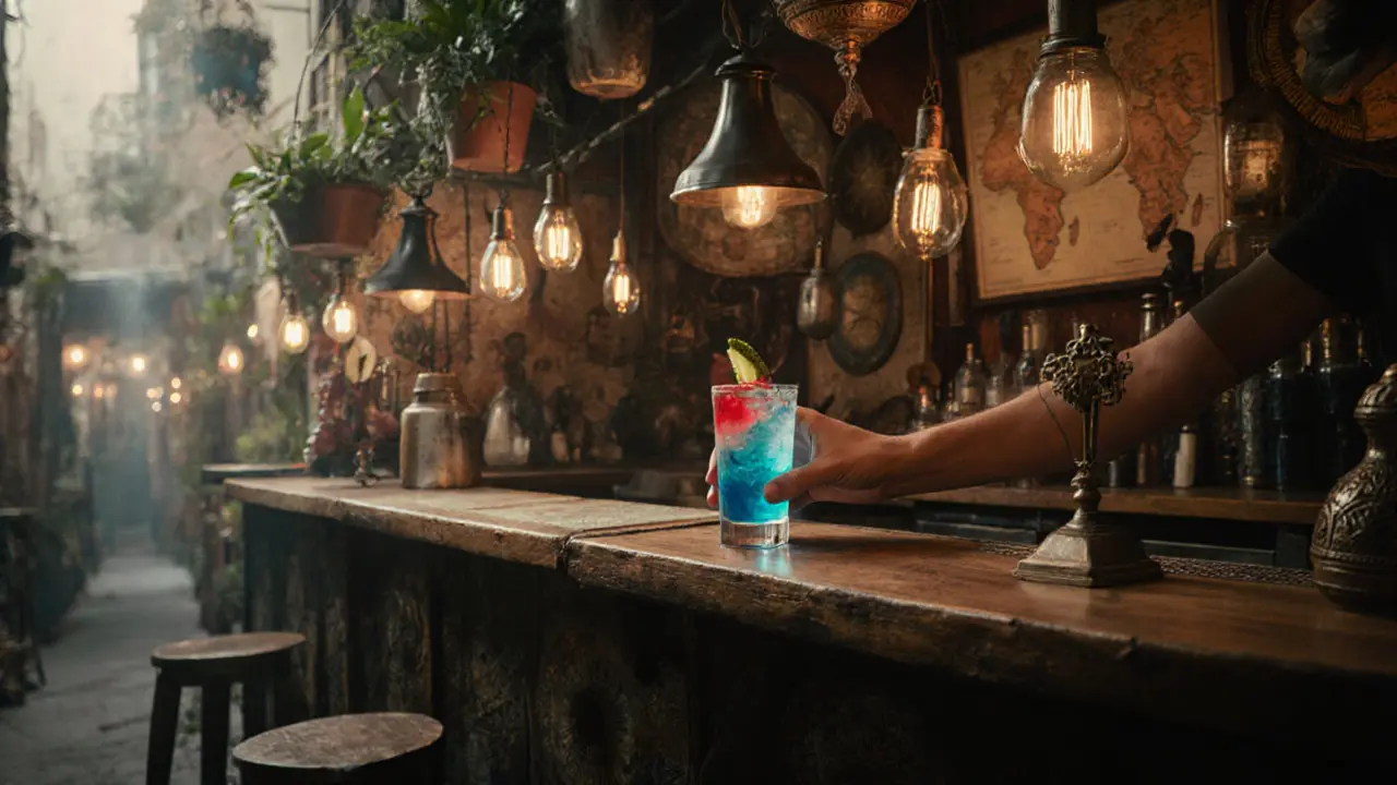 Candlelit eclectic bar with vintage artifacts, colored lamps, and maps on walls, cocktail glowing in blue and red light.