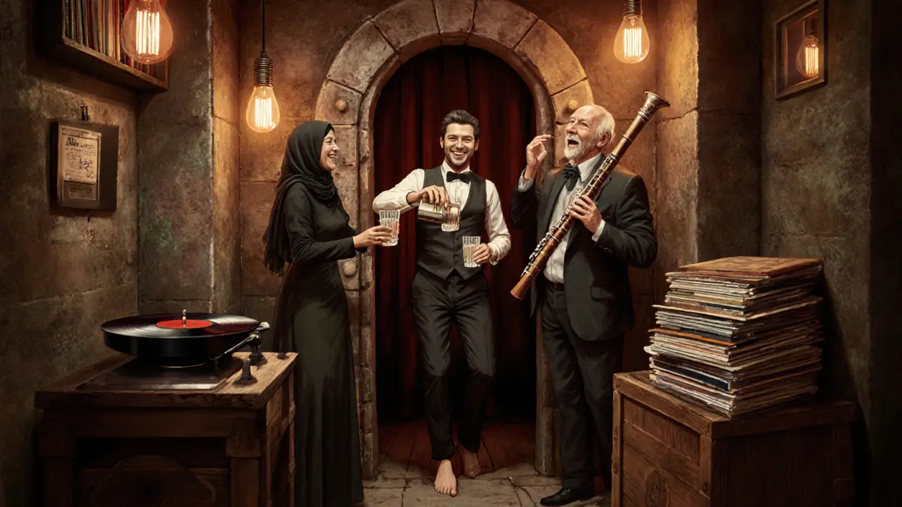 Candlelit underground speakeasy in Karaköy with diverse patrons enjoying raki and jazz records.