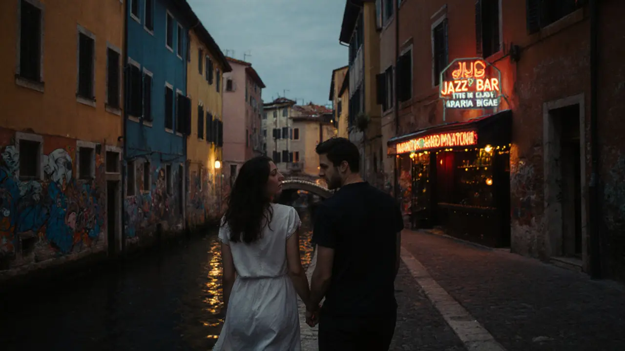 Couple walking along Navigli canal at twilight, approaching a hidden jazz bar.