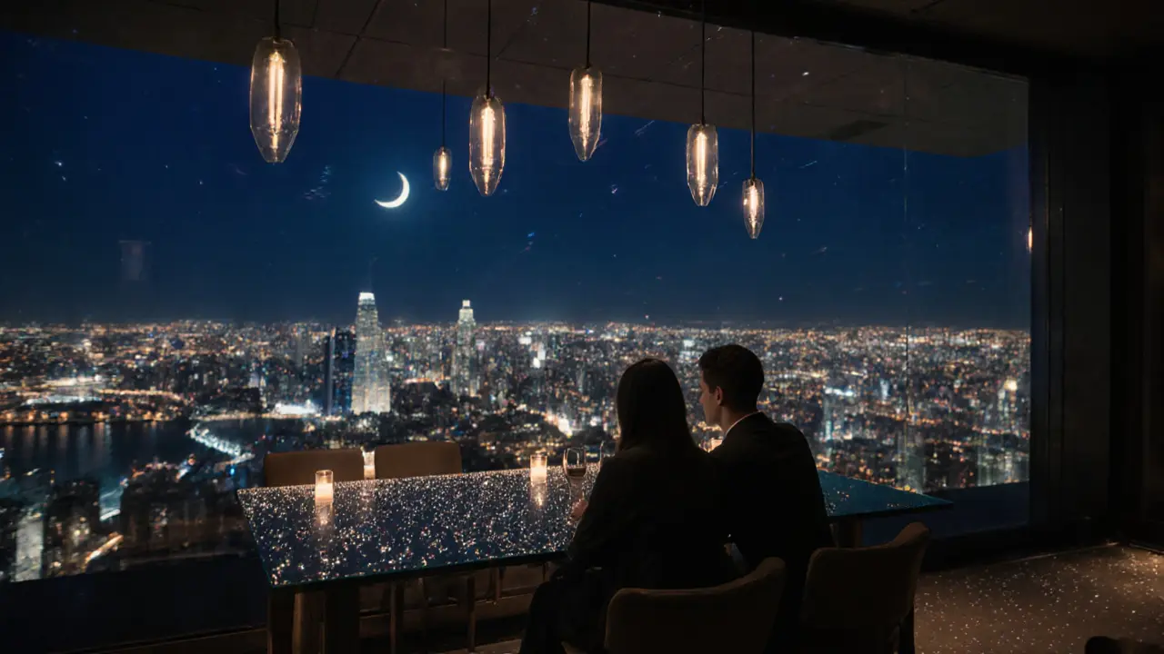 Couples seated at a rooftop bar with breathtaking panoramic views of Abu Dhabi&#039;s illuminated skyline.