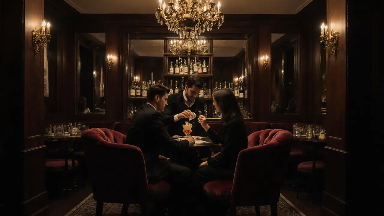 Couples sipping cocktails in a luxurious bar with velvet chairs and golden lighting.