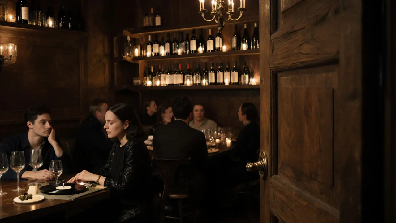 Cozy hidden wine bar Le Jardin with candlelit tables, locals chatting, and vintage jazz playing, nestled behind a quiet wooden door.