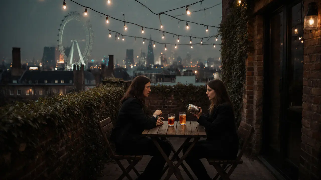 Cozy ivy-covered rooftop with two people sipping drinks, city glow in the distance, quiet and intimate.