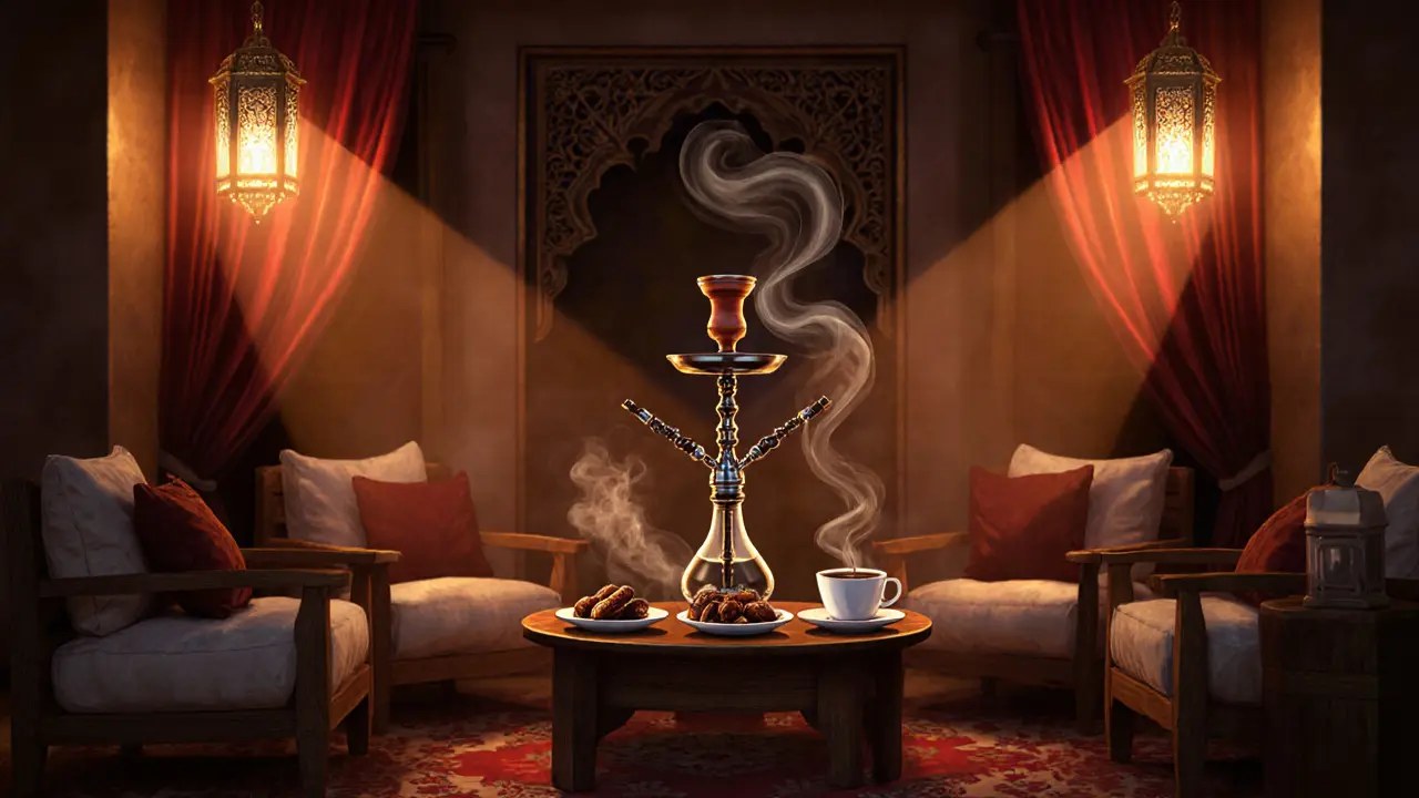 Cozy shisha lounge with lanterns, hookah, and Arabic coffee in Abu Dhabi&#039;s Old Town, no alcohol visible.