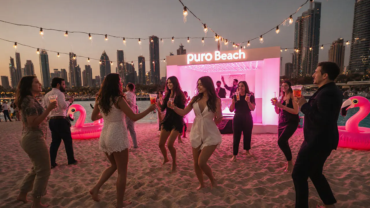 Crowd dancing on sand at a vibrant beach club with Dubai skyline glowing behind them.
