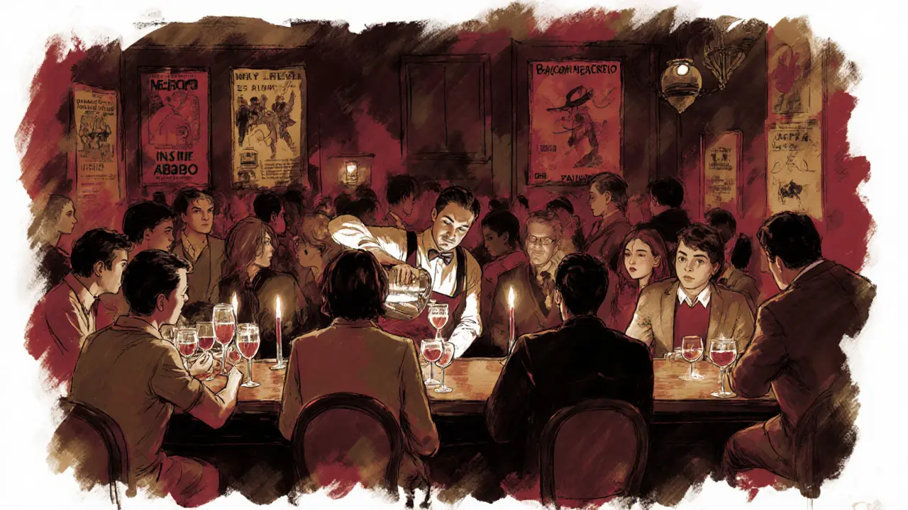 Crowded historic bar with a bartender pouring a classic cocktail, patrons in stylish attire under warm candlelight.