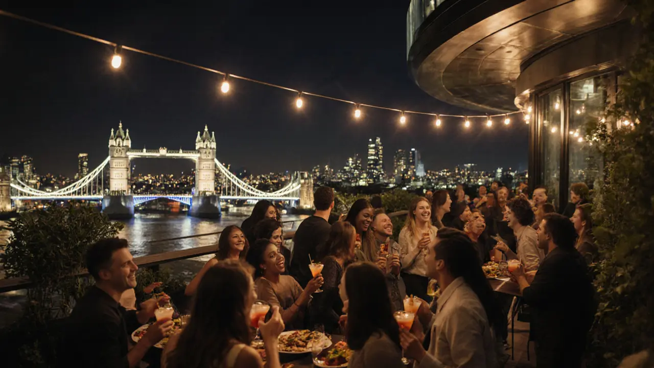 Crowded Sky Garden terrace at night with Tower Bridge lit up, people enjoying cocktails under string lights.