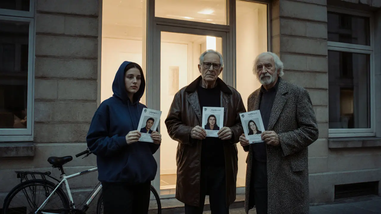 Diverse clients hold escort profiles outside a Berlin building, emphasizing dignity and choice in human connection.