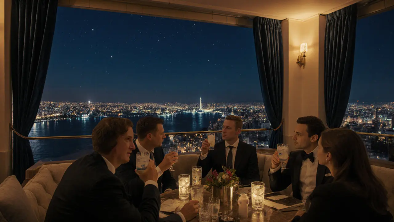 Elegant rooftop lounge at Le Blue with guests overlooking Monaco&#039;s glittering harbor at night, soft lighting and calm atmosphere.