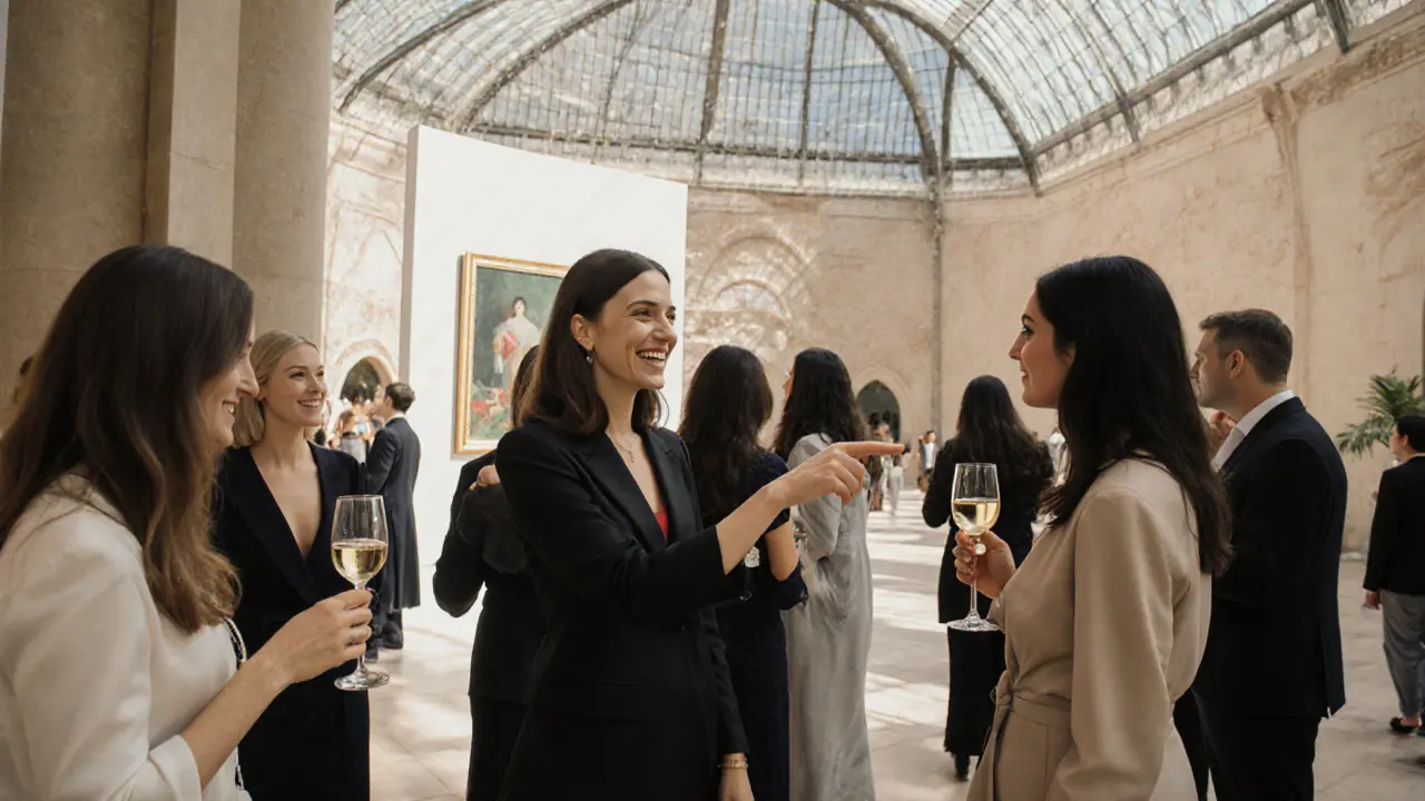 Expats and local women converse gracefully at an art event in Louvre Abu Dhabi, engaging in polite, respectful social interaction.