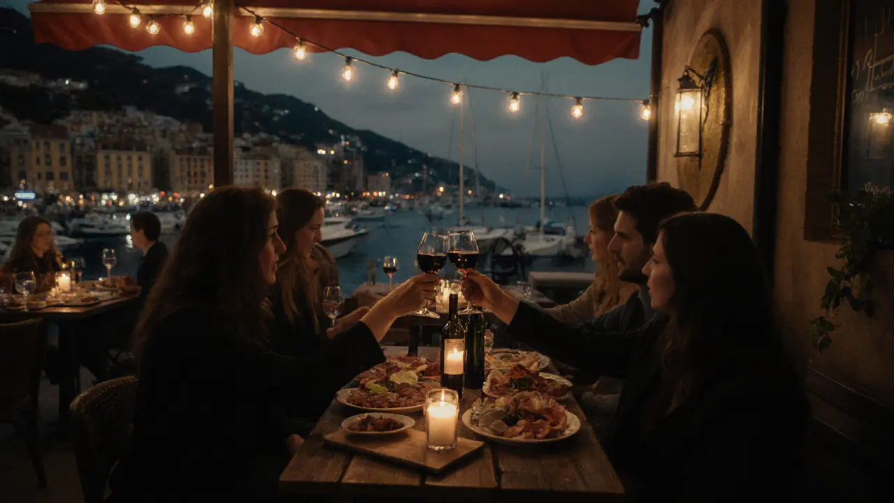 Friends enjoying wine and charcuterie at a cozy Old Town bar with harbor views.