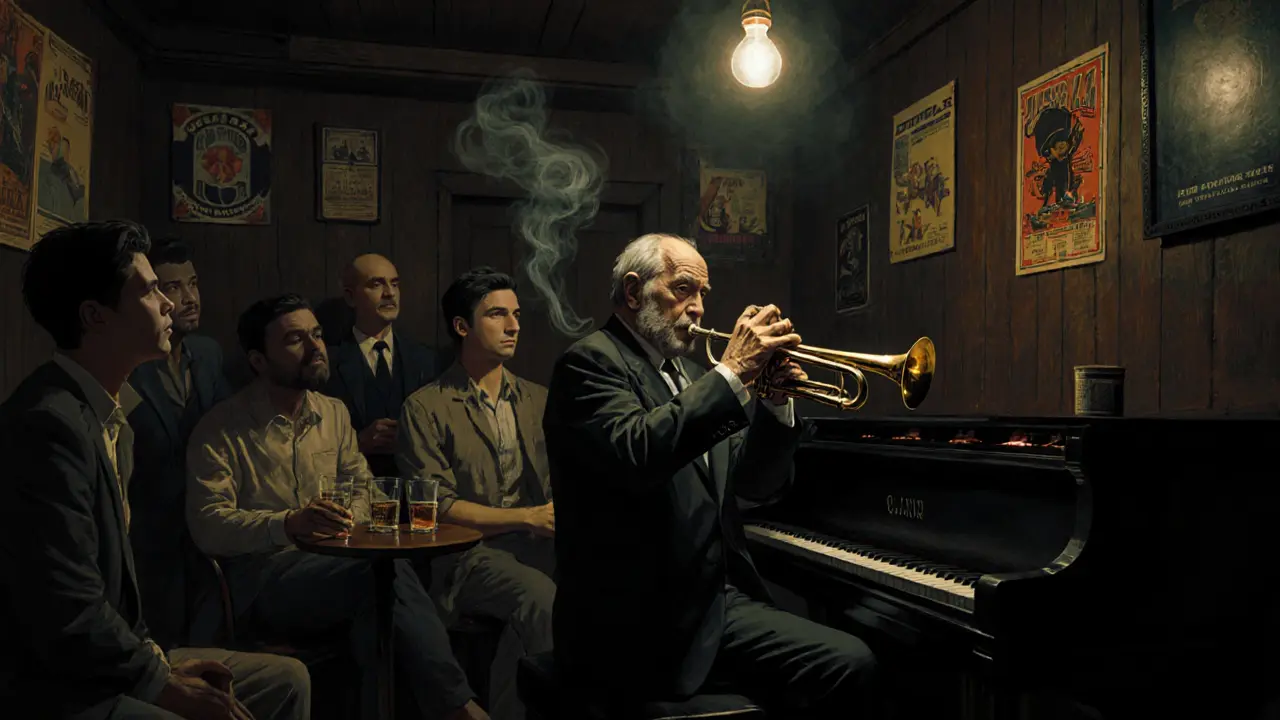 Intimate jazz club with a musician playing trumpet under dim light, patrons listening quietly.