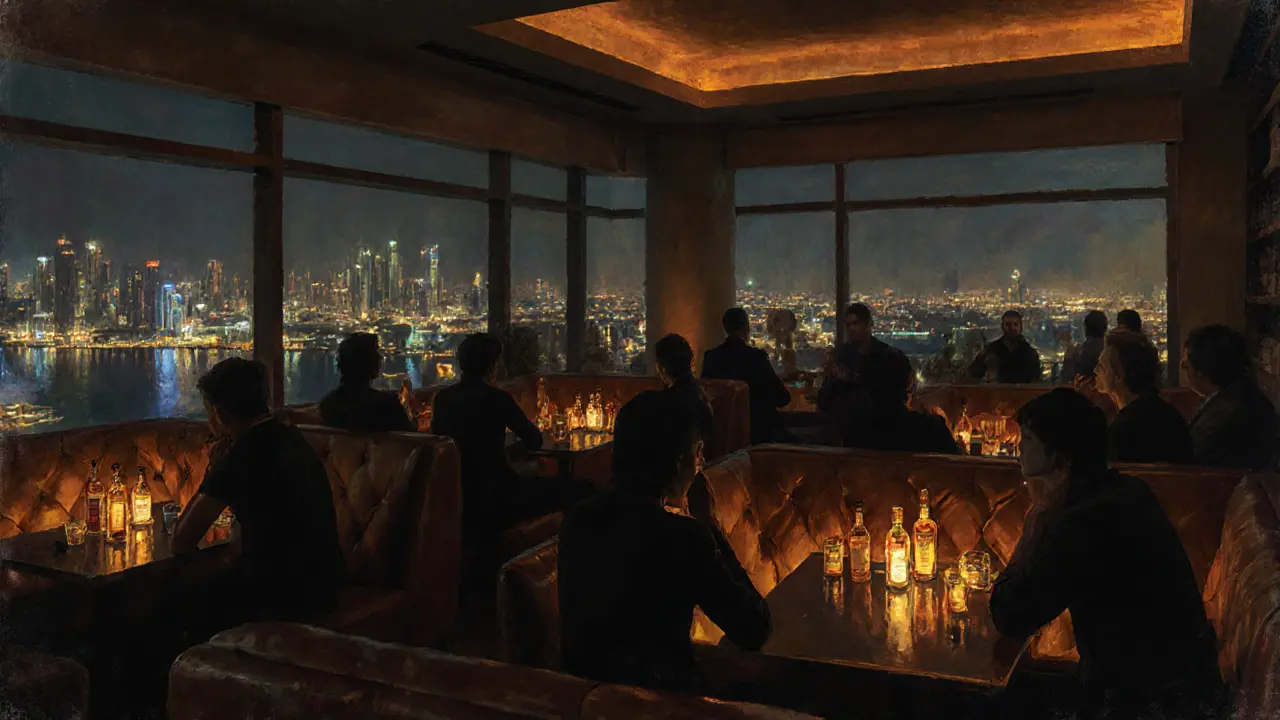 Intimate Level 43 lounge with dim lighting, leather booths, and Dubai skyline view at night.