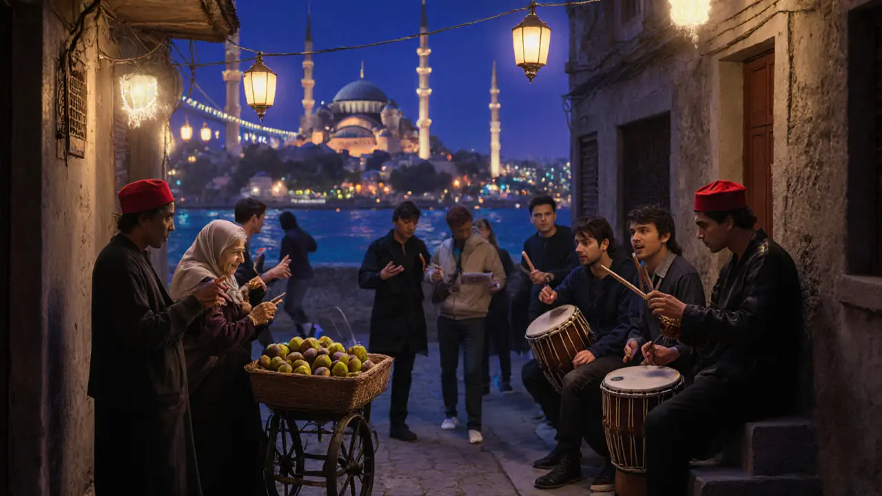 Istanbul alley at 3 a.m. with food vendor, rapper, students, and musicians in harmonious chaos.