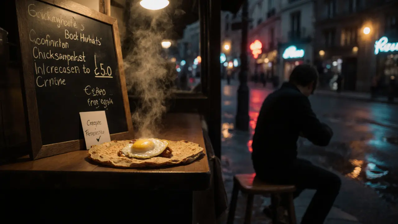 Late-night crêperie serving a savory buckwheat crêpe with steam rising under soft lighting.