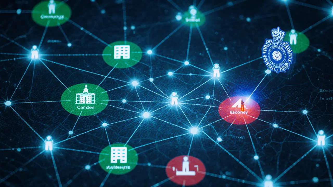 Map of London showing safe and dangerous areas for escorts, connected by a network of support.