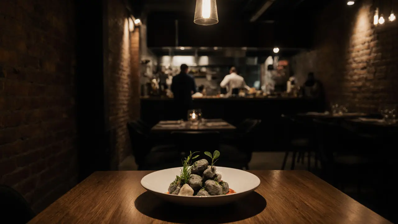 Modern dessert served at The Clove Club under moody lighting, industrial-chic interior with exposed brick and wooden tables.