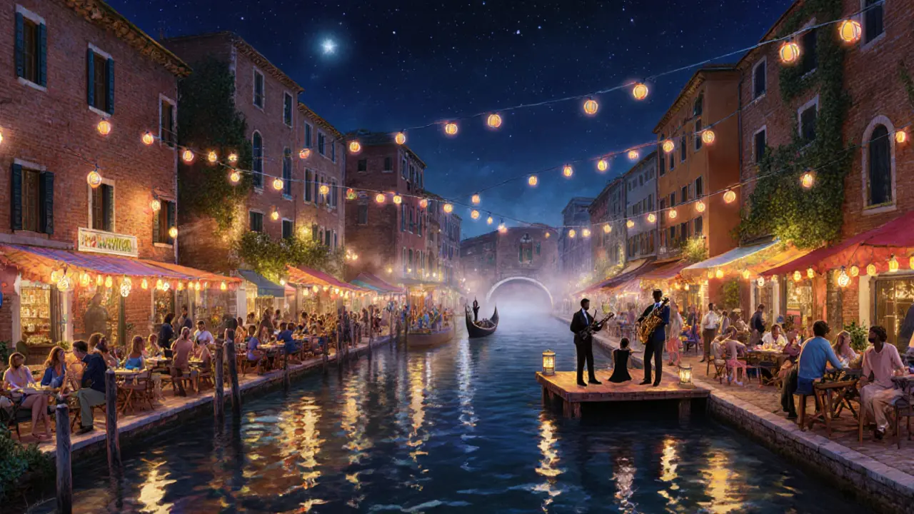 Navigli canals at midnight with terraces lit by string lights and live jazz music.