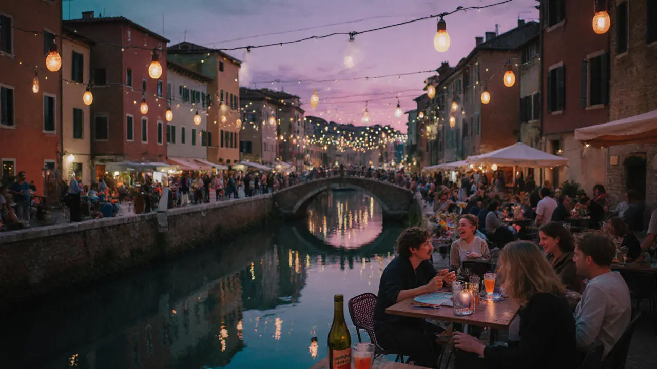 Navigli canals lit by string lights, people dancing on a bridge as live music plays and reflections shimmer on water.