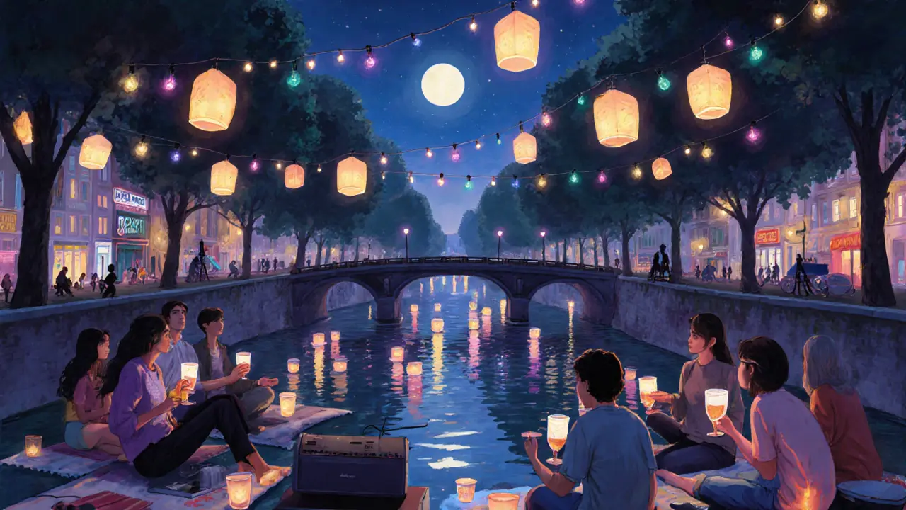 People enjoying a free outdoor party by the Canal Saint-Martin with lanterns and music at night.