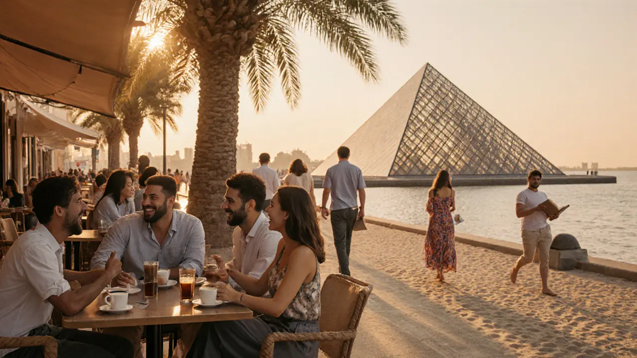 People enjoying the Abu Dhabi Corniche at dusk, walking and socializing by the water with the Louvre dome in view.