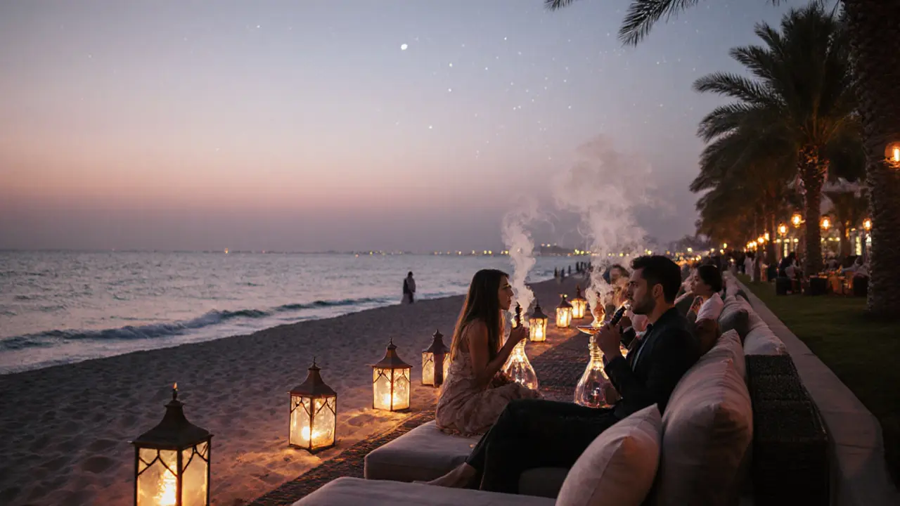 People relaxing at a beachside shisha lounge with lanterns and calm water under a starry sky.